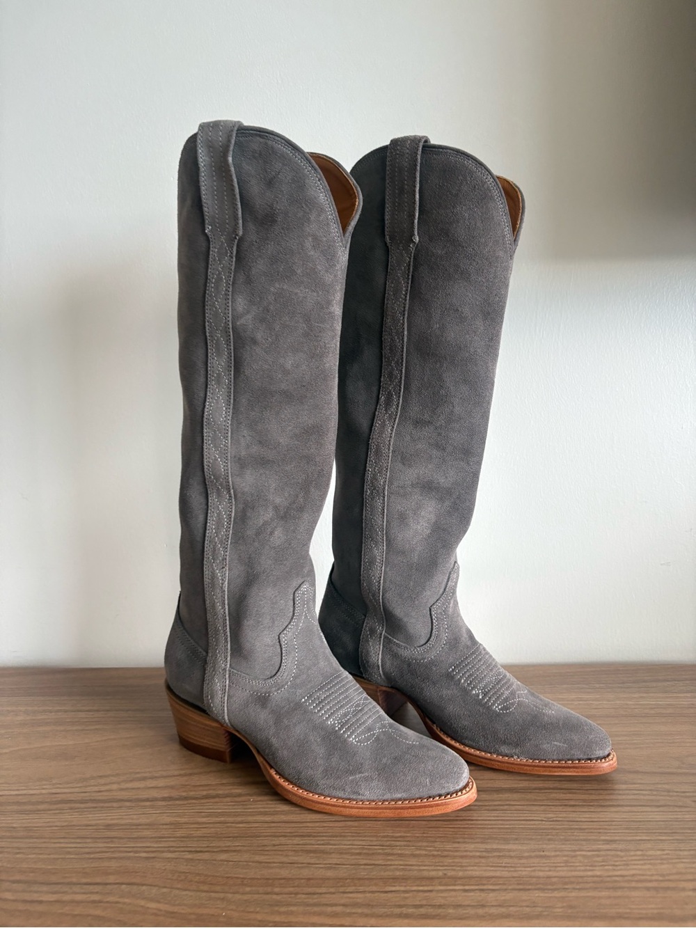 Tecovas Abby Cavalier Gray Suede Knee-High Western Boots